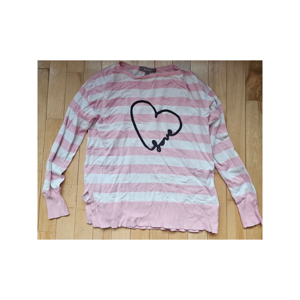 Marled Reunited Clothing Pink White Striped Heart Love Sweater Womens XS